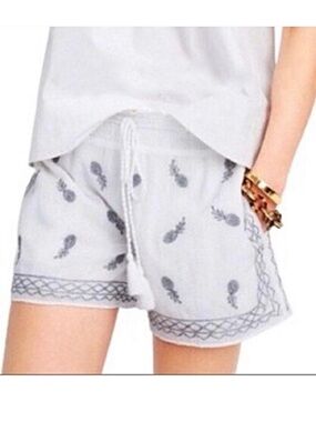 J.Crew White Silver Metallic Embroidered Pineapple Shorts Gauzy Cotton S F2896